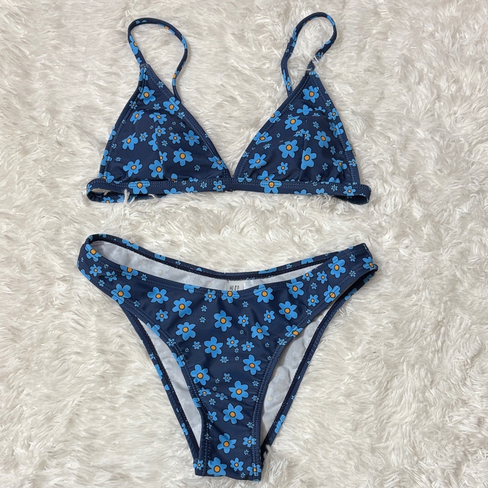 NWOT Floerns Navy Blue Floral Print Triangle Bikini Set XS